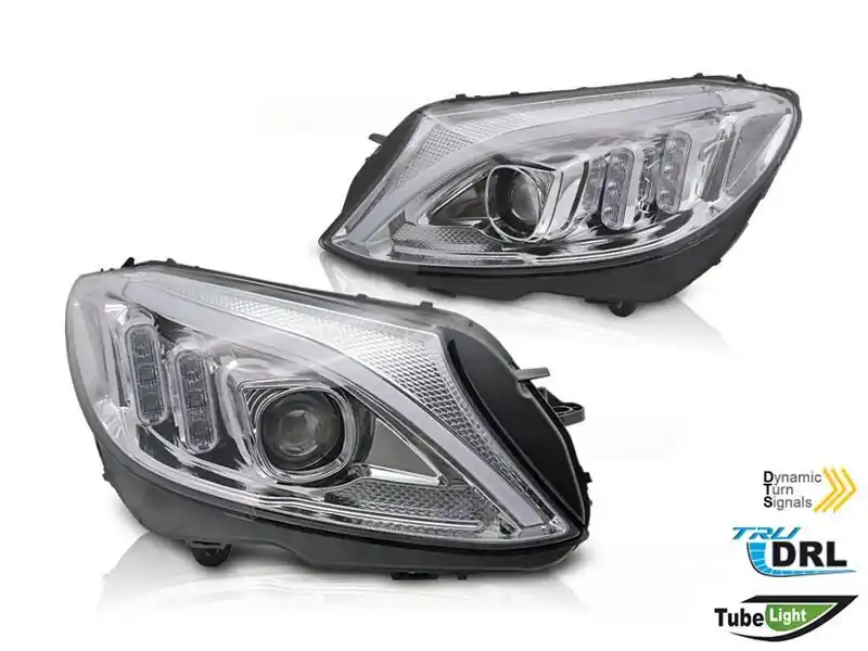 Cel mai vândut Set de faruri LED potrivit pentru Mercedes C-Class W205 2014-2018 cu bază cromată, stânga și dreapta, pentru modelul cu faruri halogen standard