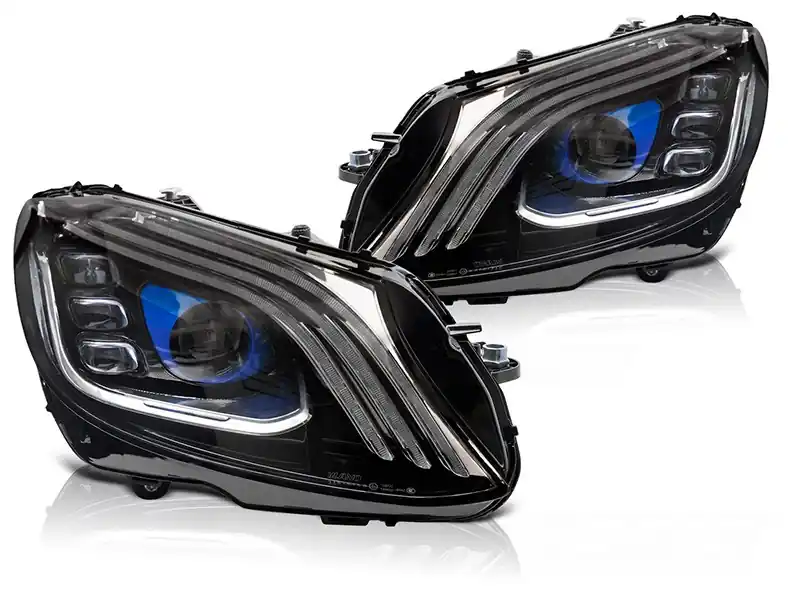 Set de faruri LED de tuning potrivit pentru Mercedes C-Class W205 sedan, S205 break 2014-2021 cu bază neagră, cu semnalizatoare dinamice, cu funcția „Bun venit”, stânga și dreapta Expediere rapidă