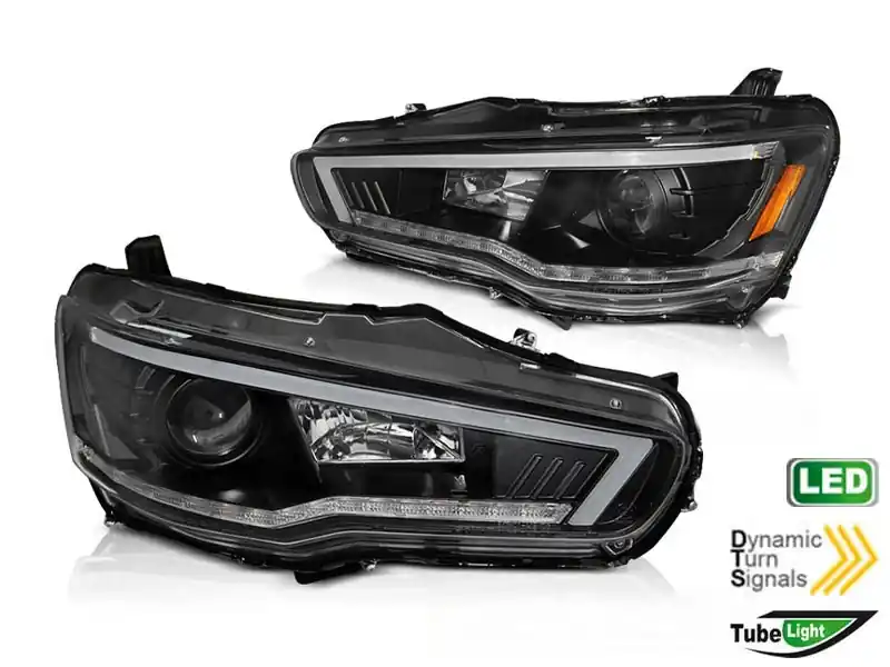 Retur ușor Set de faruri tuning potrivit pentru Mitsubishi Lancer 2008-2016 bază neagră cu semnal de întoarcere dinamic, stânga și dreapta