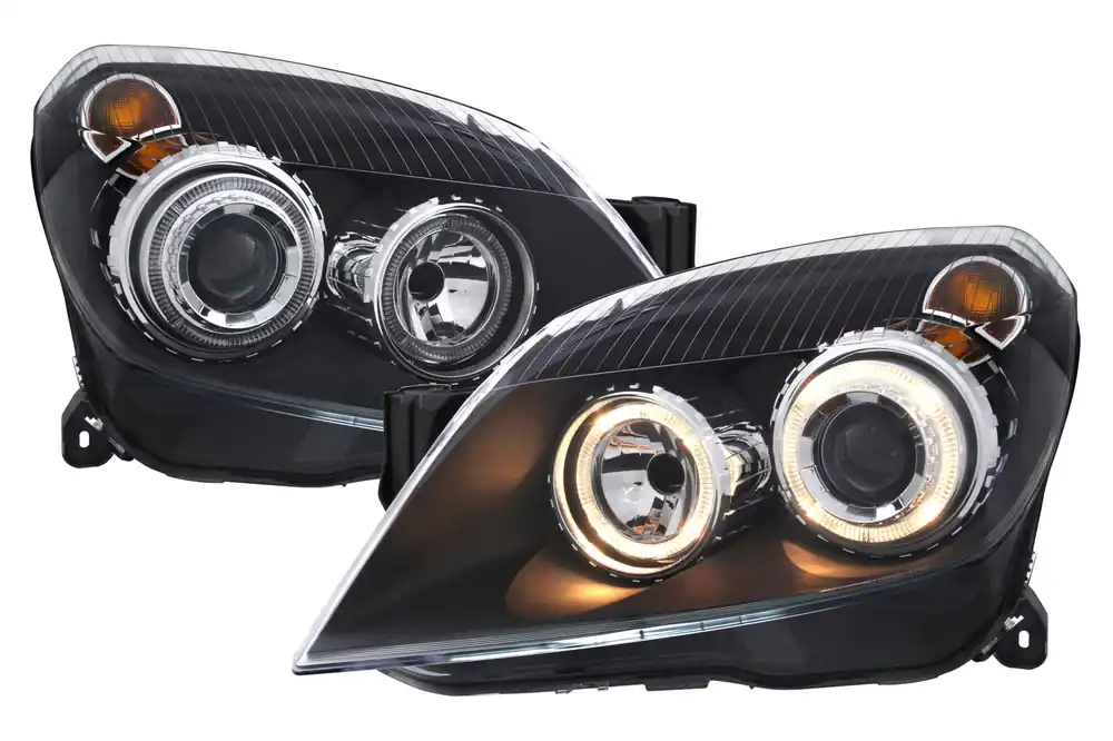 Reduceri Set de faruri tuning cu ochi de înger potrivit pentru Opel Astra H 2004-2009 sedan, break cu bază neagră, stânga și dreapta