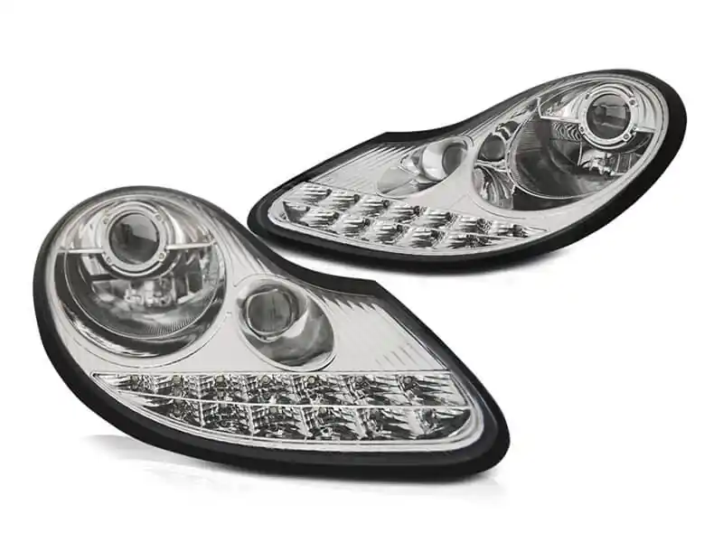 Premium Set de faruri tuning cu DRL potrivit pentru Porsche Boxster 986, 911 Carrera 996 1996-2001 cu bază cromată, stânga și dreapta