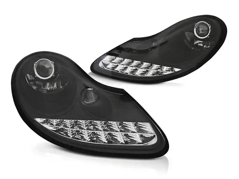 Preț mic Set de faruri tuning cu DRL potrivit pentru Porsche Boxster 986, 911 Carrera 996 1996-2001 cu bază neagră, stânga și dreapta