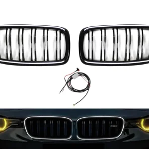Calitate înaltă Grile rinichi iluminate stil Iconic Glow cu fante duble potrivite pentru BMW Seria 3 F30, F31 2012-2019, negru lucios