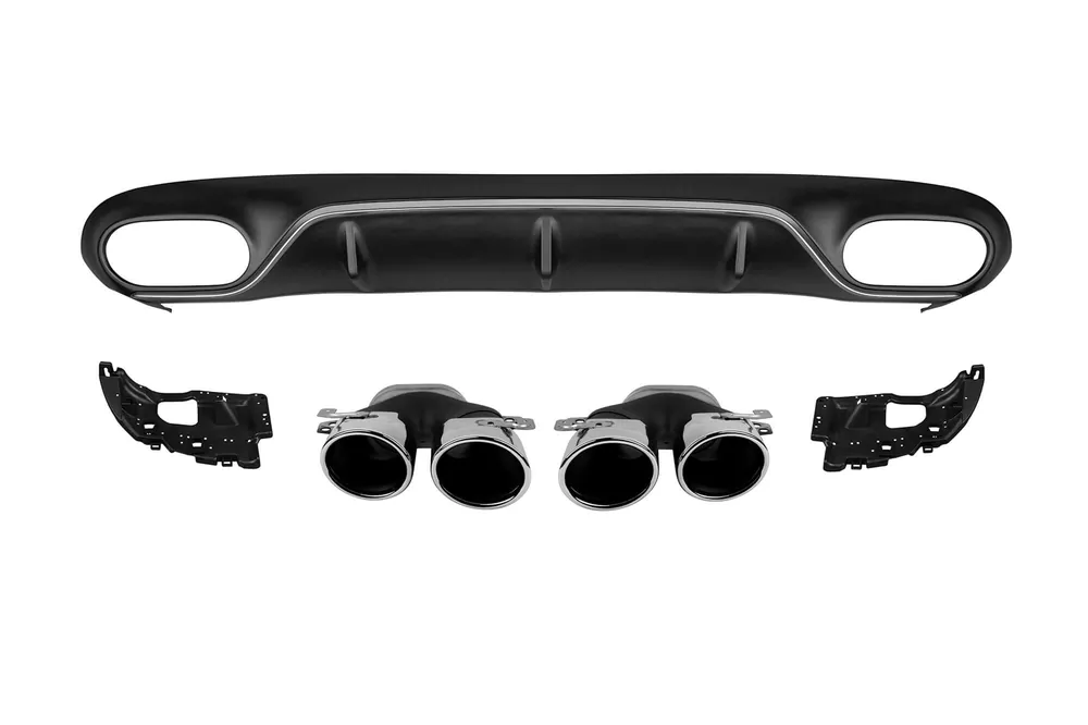 Cumpără acum Difuzor tip E53 cu capete cromate potrivit pentru bara spate A Design la Mercedes E-Class C238 coupe dupa 2017 -oo–oo-, cu garnitura cromata