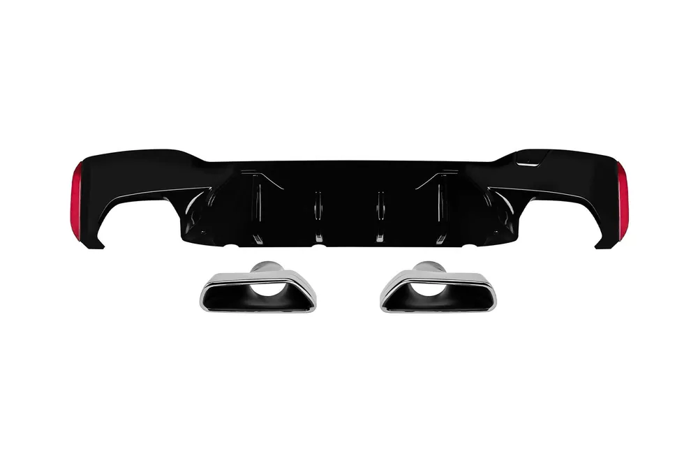 Retur ușor Difuzor tip M5 competition cu capete cromate potrivit pentru bara spate M technik pe BMW Seria 5 G30 sedan, G31 break 530, 540 după 2017 -o0–o0-, lac negru