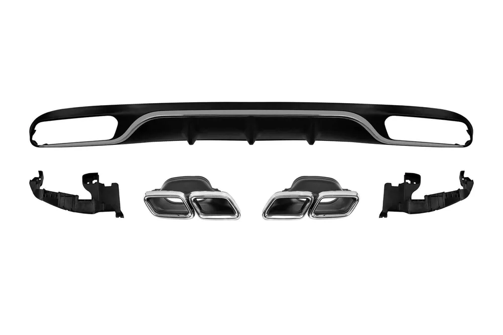 Plată sigură Difuzor tip E63 cu capace cromate pentru bara spate standard potrivit pentru Mercedes E-Class W213 după 2016 -oo–oo-, cu garnitură cromată
