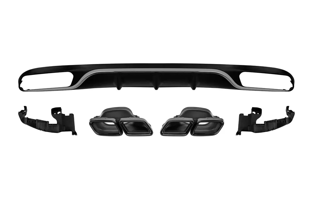 Difuzor tip E63 cu capace negre potrivit pentru bara spate standard a Mercedes E-Class W213 dupa 2016 -oo–oo-, garnitura cromata Popular