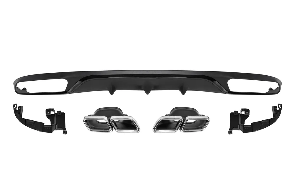 Promoție Difuzor tip E63 cu capace cromate pentru bara spate standard potrivit pentru Mercedes E-Class W213 după 2016 -oo–oo-, garnitură neagră