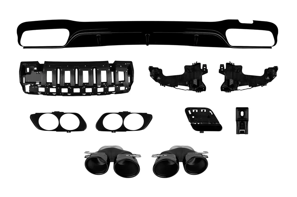 Difuzor tip E53 cu capace negre potrivit pentru bara spate A Design a Mercedes E-Class W213 sedan după 2016 -oo–oo-, cu garnitură neagră Discount