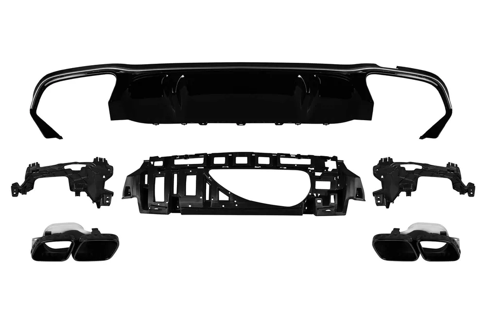 Ultima șansă Difuzor tip E63 GT cu capace negre pentru bara spate A Design potrivit pentru Mercedes E-Class W213 după 2021 -oo–oo-, garnitură cromată