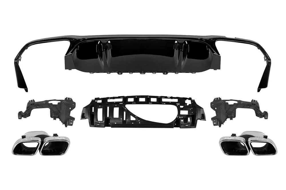 Reduceri Difuzor tip E63 GT cu capete cromate potrivit pentru bara spate A Design la Mercedes E-Class W213 după 2020 -oo–oo-, garnitură neagră