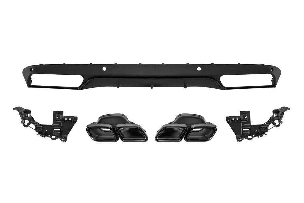Retur ușor Difuzor tip C63 cu capace negre potrivit pentru bara spate standard pentru Mercedes C-Class W205 sedan, S205 break 2013-2019 -oo–oo-, cu garnitură neagră