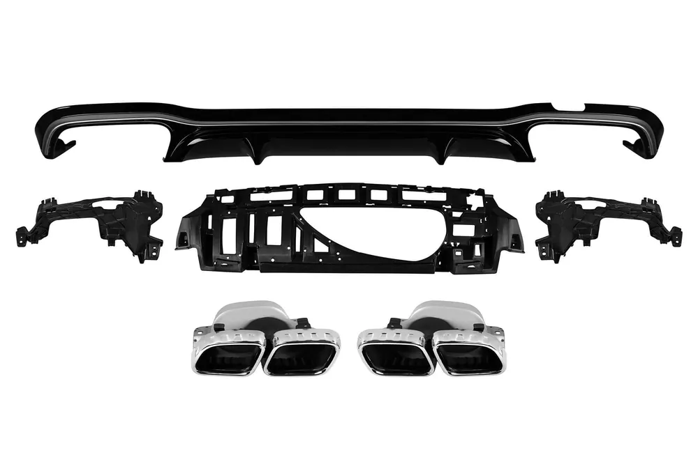 Cumpără acum Difuzor tip E63 GT cu capete cromate pentru bara spate A Design potrivit pentru Mercedes E-Class W213 sedan după 2016 -oo–oo-, cu garnitură cromată
