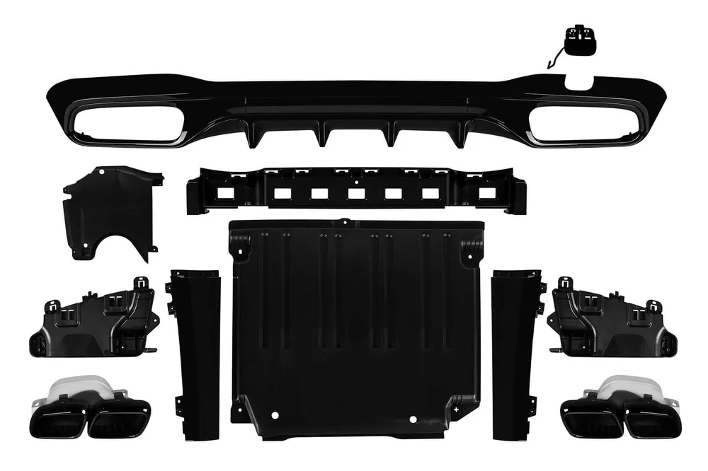 Difuzor tip C63 cu capace negre potrivit pentru bara spate A Design la Mercedes C-Class W206 după 2021, -oo–oo-, lac negru Popular