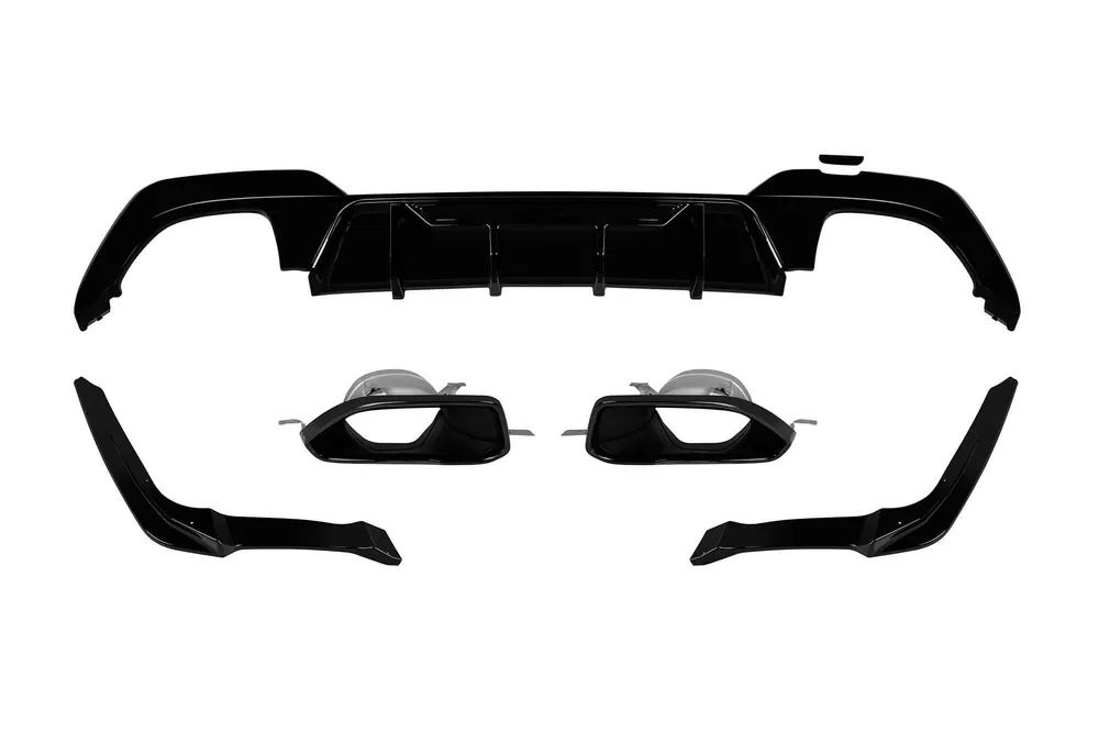 Difuzor tip M Performance Design Design cu capete negre 340 potrivit pentru bara spate M Technik pe BMW Seria 3 G20, G21, G28 după 2019, -o–o-, lac negru Popular