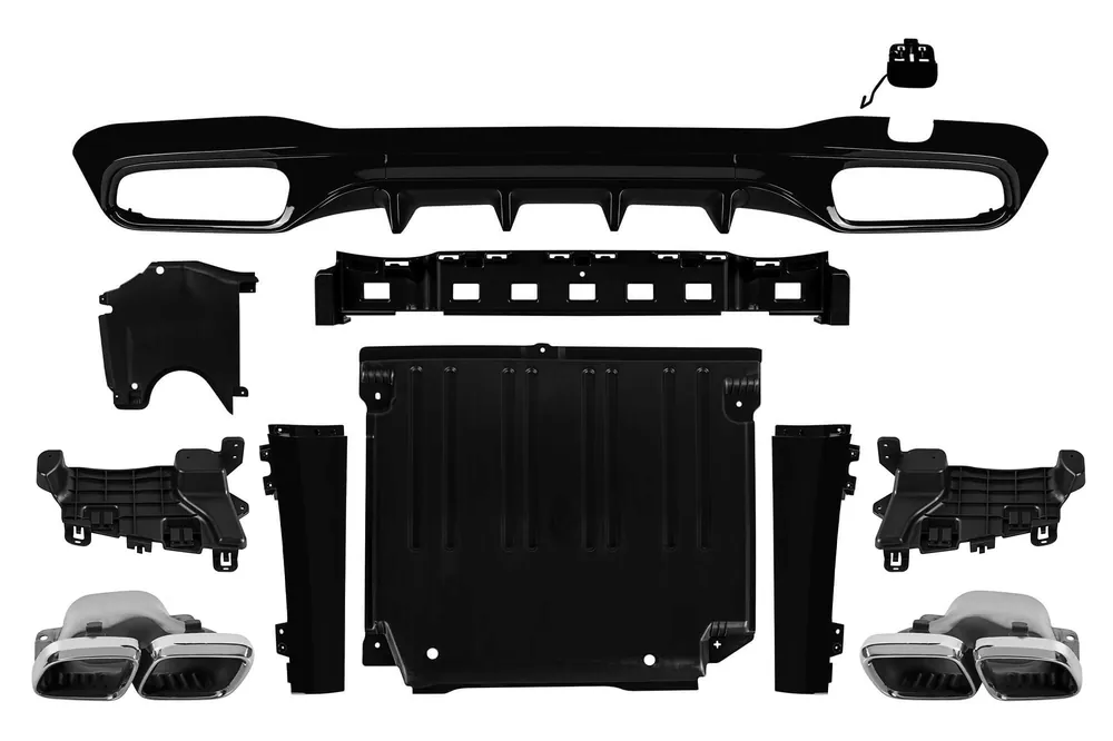 Calitate înaltă Difuzor tip C63 cu capace cromate potrivit pentru bara spate A Design la Mercedes C-Class W206 după 2021, -oo–oo-, lac negru