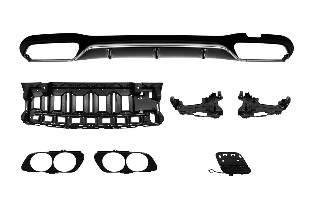 Difuzor tip E53 potrivit pentru bara spate A Design a Mercedes E-Class W213 sedan 2016-2022, lac negru cu garnitură cromată, -oo–oo- Livrare expres