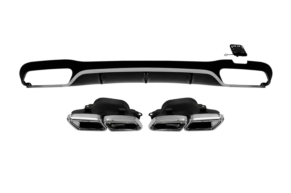 Difuzor tip E63 cu capete cromate potrivit pentru bara de protecție din spate A Design pe Mercedes E-Class W213 sedan, S213 break 2016-2022 cu garnitură cromată -oo–oo- Comandă acum
