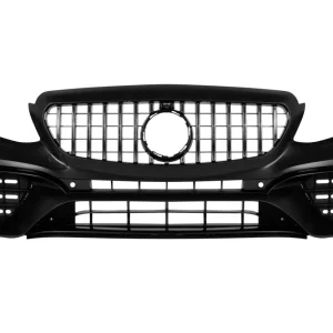 Bumper frontal tip 63 cu grilă GT crom/negru, potrivit pentru Mercedes E-Class W213 sedan, S213 break 2016-2019 pentru modelul cu sau fără clapete active Lichidare de stoc