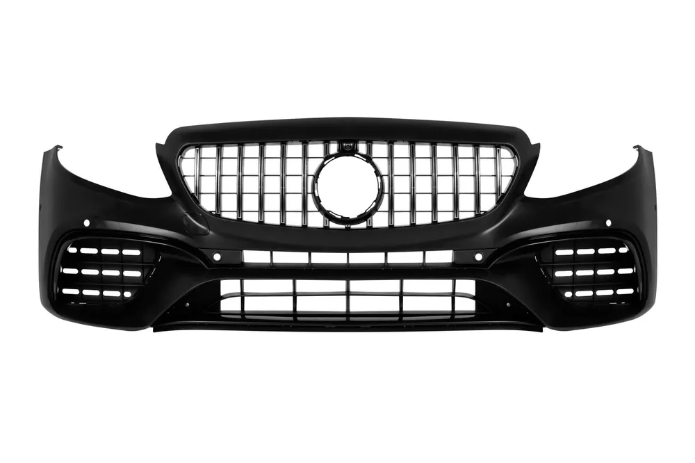 Bumper frontal tip 63 cu grilă GT crom/negru, potrivit pentru Mercedes E-Class W213 sedan, S213 break 2016-2019 pentru modelul cu sau fără clapete active Lichidare de stoc