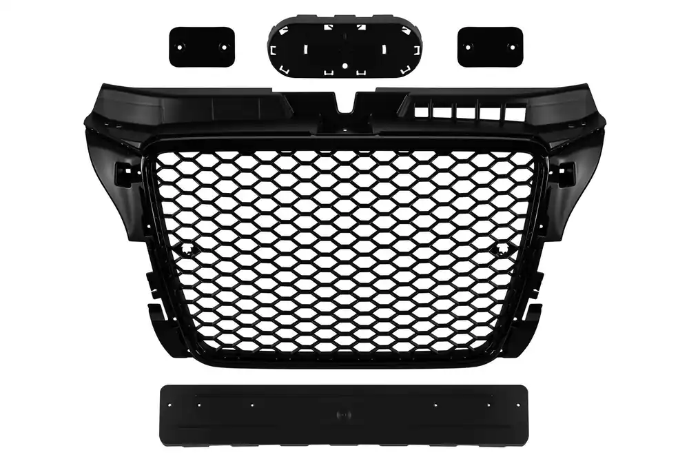 Grilaj tip RS cu lac negru, potrivit pentru Audi A3 hatchback, Sportback, cabrio 2009-2012 cu deschideri pentru senzori de parcare Ofertă de sezon