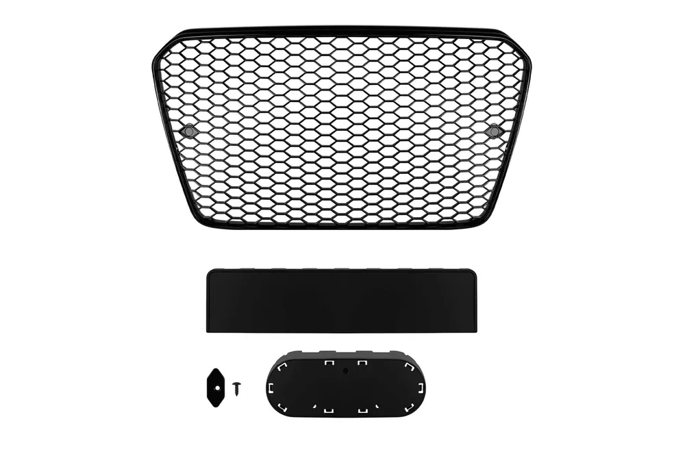 Grilă tip RS5 cu lac negru, potrivită pentru Audi A5 2011-2016, cu deschideri pentru senzorii de parcare Disponibil imediat