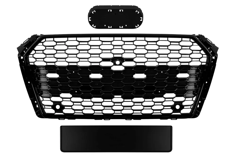 Ultima șansă Grilă tip RS4 cu lac negru, potrivită pentru Audi A4 2015-2019, cu deschideri pentru senzori de parcare