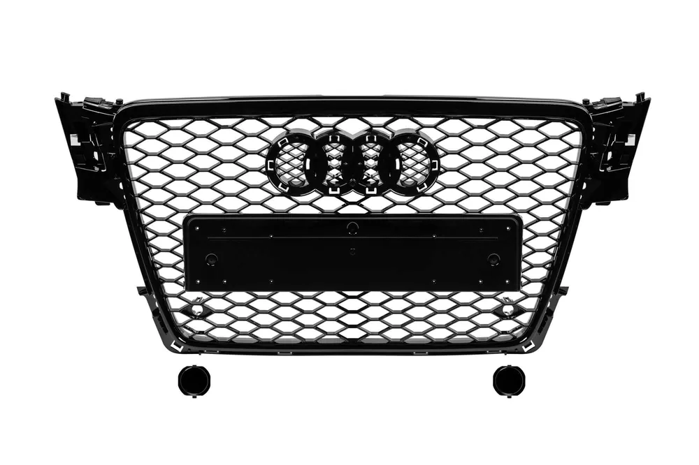 Grilă tip RS4 cu lac negru, potrivită pentru Audi A4 2007-2011 pentru modelele echipate cu bara de protecție frontală standard, cu bază pentru emblemă, cu deschideri pentru senzori de parcare Retur gratuit