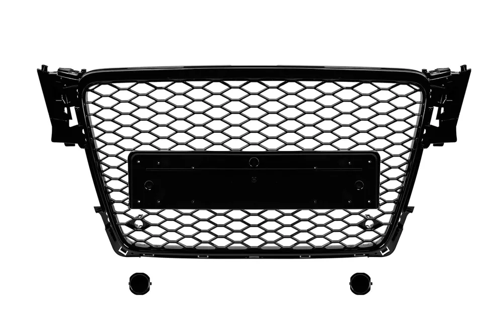 Doar azi Grilă tip RS4 cu lac negru, potrivită pentru Audi A4 2007-2011 pentru modelele echipate cu bara frontală standard, fără bază pentru emblemă, cu deschideri pentru senzori de parcare.