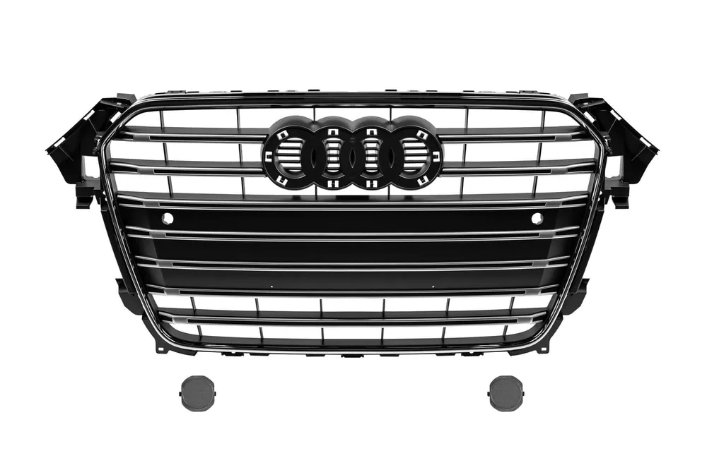 Grilă tip S4 crom/neagră potrivită pentru Audi A4 2011-2015 pentru modelul echipat cu bara de protecție frontală standard, cu bază pentru emblemă, cu deschideri pentru senzori de parcare Retur gratuit