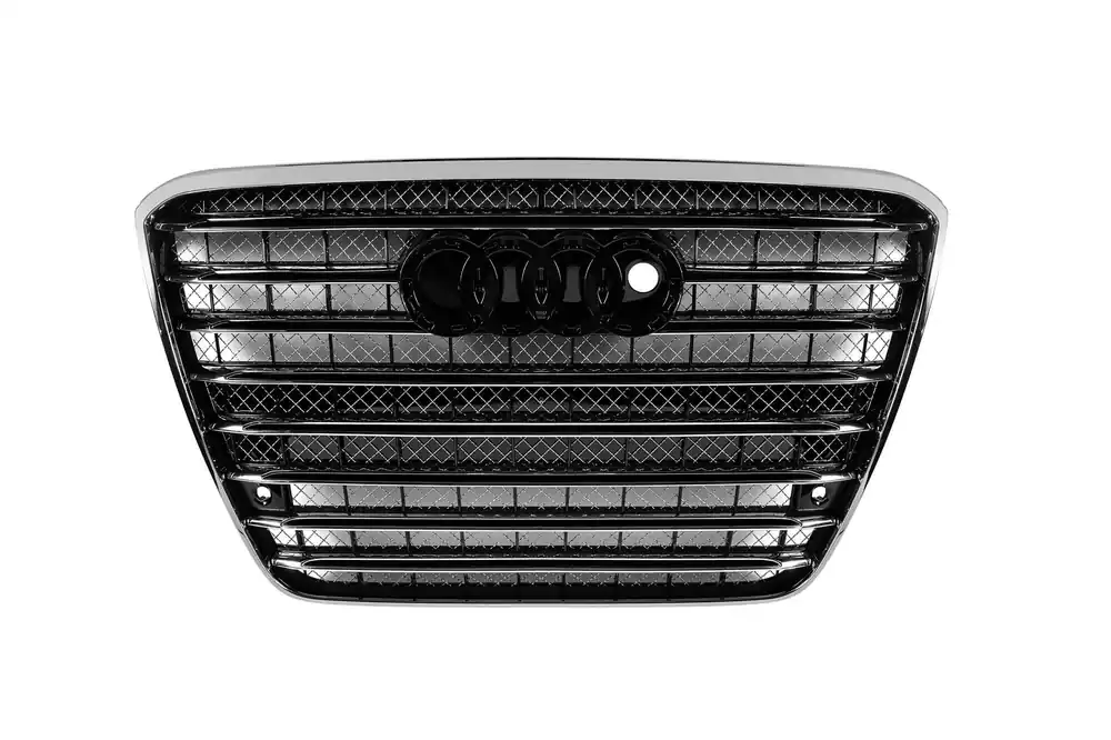 Grilă frontală tip W12 crom/negru, potrivită pentru AUDI A8 2011-2014, cu port pentru viziune nocturnă, cu PDC, potrivită pentru bara de protecție standard Cel mai vândut