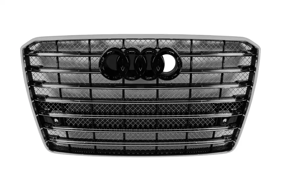 Promoție Grilă tip W12 crom/neagră potrivită pentru Audi A8 2015-2017 cu deschidere pentru vedere nocturnă, cu PDC, pentru bara de protecție standard