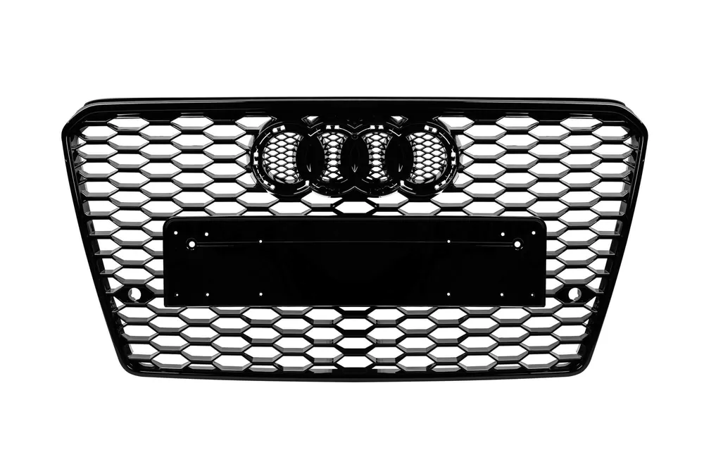 Plată securizată Grilă tip RS7 cu lac negru, potrivită pentru Audi A7 Sportback 2012-2015, cu deschideri pentru senzori de parcare