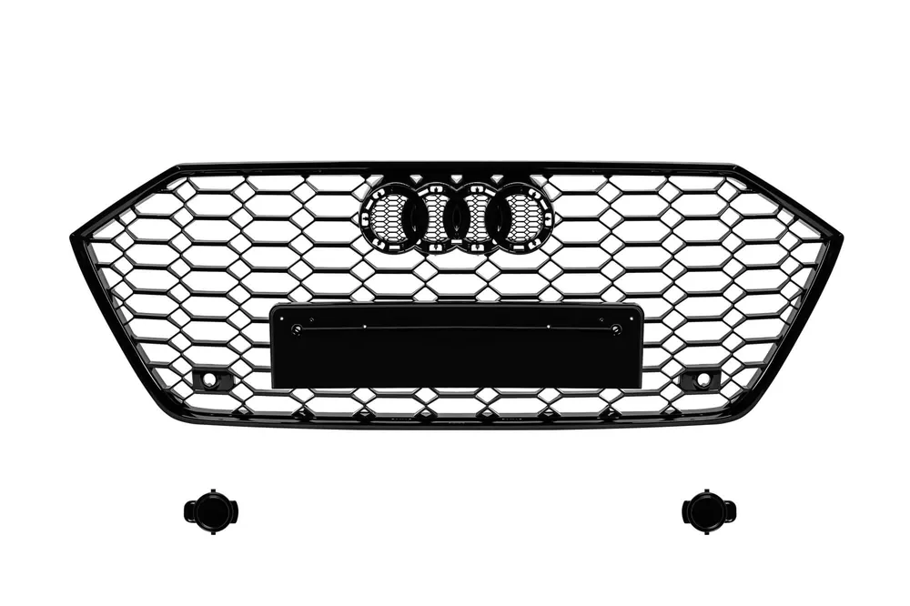 Grilaj tip RS7 cu lac negru, potrivit pentru Audi A7 Sportback după 2019 fără ACC, pentru modelul echipat cu bara de protecție standard sau S-line, cu deschideri pentru senzori de parcare. Cel mai vândut