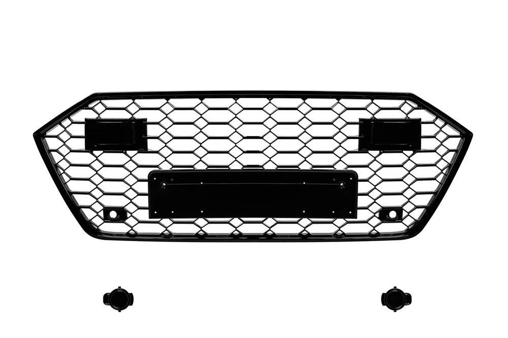 Ieftin Grilă tip RS7 cu lac negru, potrivită pentru Audi A7 Sportback după 2019 cu ACC, pentru modelul echipat cu bara standard sau S-line, cu deschideri pentru senzori de parcare.
