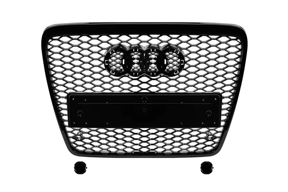 GRILĂ PICTATĂ NEAGRĂ TIP RS6 POTRIVITĂ PENTRU AUDI A6 2008-2011 PENTRU MODELE ECHIPATE CU PARBUMPER STANDARD SAU S-LINE, CU BAZĂ PENTRU EMBLEMA, CU DESCHIDERI PENTRU SENSOARE DE PARCARE Preferatul clienților