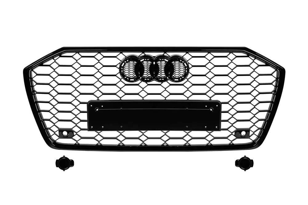 Grilă tip RS6 cu lac negru, potrivită pentru Audi A6 după 2018 pentru modelele echipate cu bara frontală standard sau S-line, cu bază pentru emblemă, cu deschideri pentru senzori de parcare. Bestseller