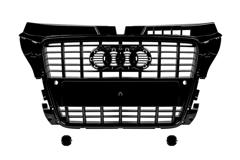 Reducere Grilă lac negru tip S3 potrivită pentru Audi A3 2008-2011 pentru modelul echipat cu bara de protecție frontală standard, cu bază pentru emblemă, cu deschideri pentru senzori de parcare