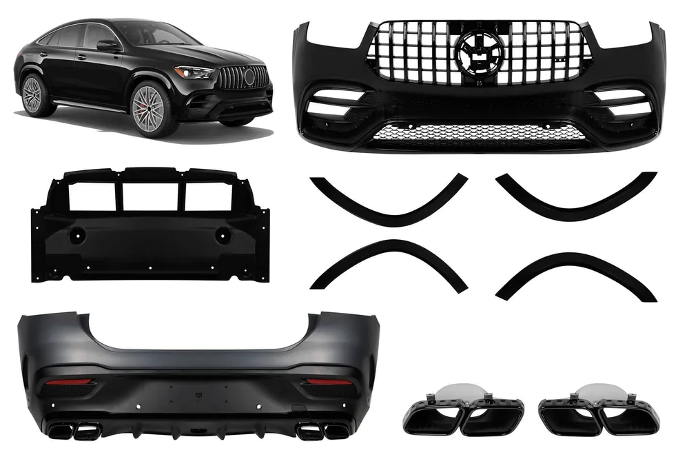 Ofertă exclusivă Pachet de tuning potrivit pentru Mercedes GLE Coupe C167 după 2019 cu garnituri negre, grilă neagră și terminații de eșapament negre