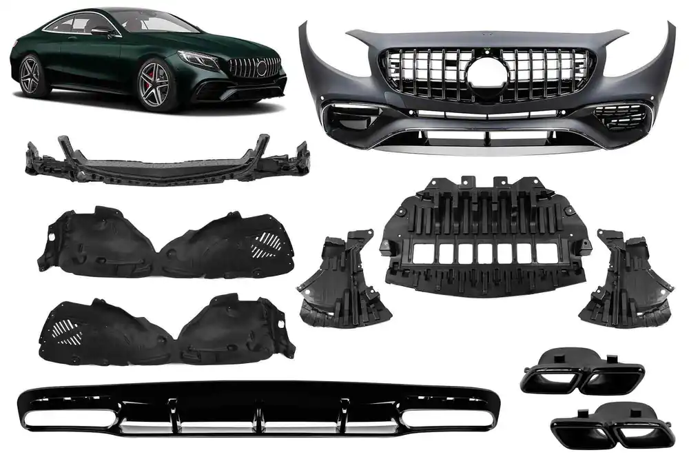 Un pachet de design tip 63 potrivit pentru Mercedes S-Class C217 coupe 2014-2020 cu țevi de eșapament negre pentru modelul echipat cu bara spate A Design Line Preț promoțional