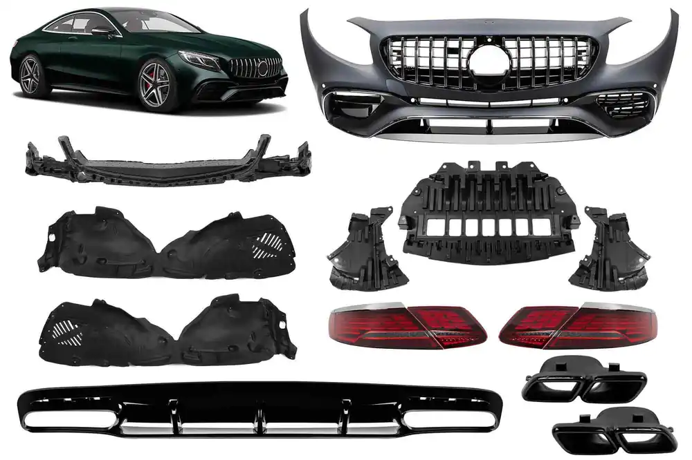 Doar azi Un pachet de design tip 63 potrivit pentru Mercedes S-Class C217 coupe 2014-2017 cu lumini de stop LED viziune Facelift și țevi de eșapament negre pentru modelul echipat cu bara spate A Design Line.