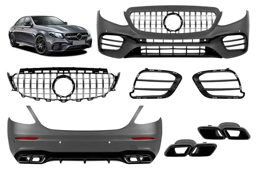 Pachet de tuning tip 63 A design cu grilă GT crom/neagră potrivit pentru Mercedes E-Class W213 2016-2019 cu garnituri negre Chilipir