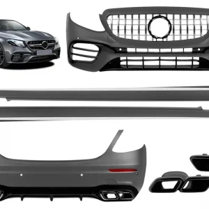 63 Un kit de tuning cu stil de design cu grilă GT crom/negru și fuste laterale potrivite pentru Mercedes E-Class W213 2016-2019 cu benzi negre Discount