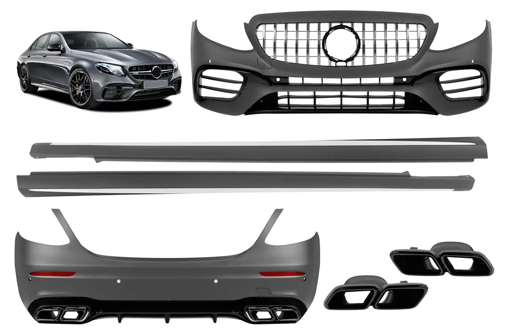63 Un kit de tuning cu stil de design cu grilă GT crom/negru și fuste laterale potrivite pentru Mercedes E-Class W213 2016-2019 cu benzi negre Discount
