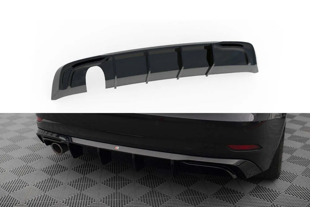 Lichidare de stoc Difuzor Maxton Design potrivit pentru bara spate a Audi A3 Sportback 8V 2016-2020, cu evacuare simplă, lac negru