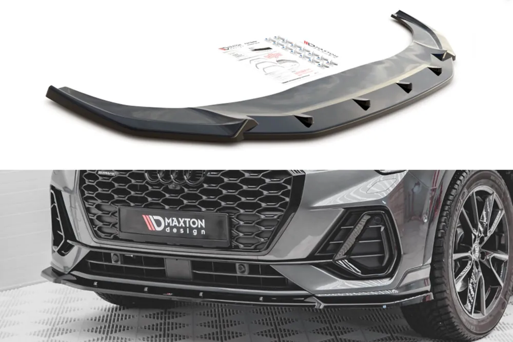 Plată securizată Spoiler Maxton Design versiunea 2 potrivit pentru bara de protecție frontală S-Line a Audi Q3 Sportback după 2019, lac negru