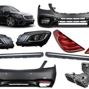 Un pachet de design tip S63 potrivit pentru Mercedes Clasa S W222 2017-2020, cu faruri, stopuri, praguri pentru ampatament lung Comandă acum