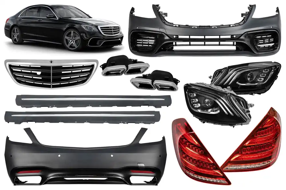 Bestseller Un pachet de design tip S63 potrivit pentru Mercedes S W222 2013-2017 cu faruri, stopuri, grilă, praguri pentru ampatament lung