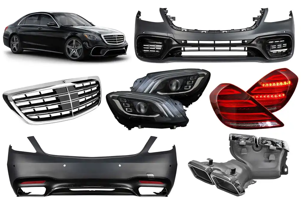Discount Un pachet de design tip S63 potrivit pentru Mercedes S-Class W222 2017-2020, cu faruri, stopuri, grilă, fără praguri