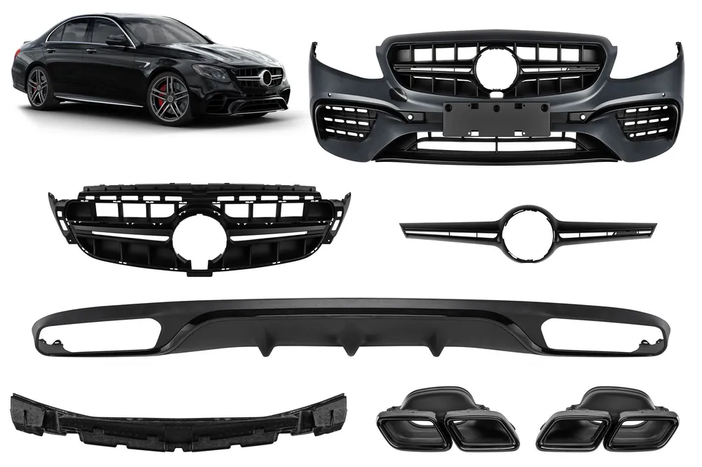 Promoție Un pachet de design tip E63 potrivit pentru Mercedes E-Class W213 2016-2019 cu ieșiri de evacuare negre și garnitură neagră, pentru modelul cu bara de protecție din spate standard.